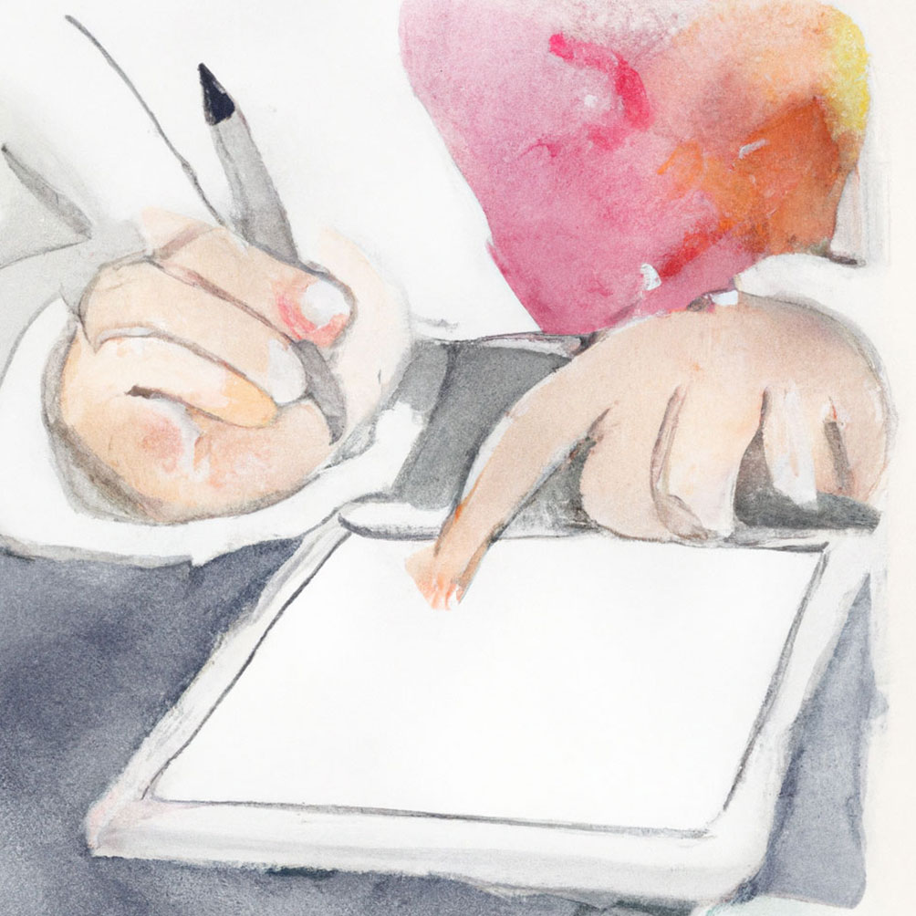 An artistic painting of a person working on a tablet with a stylus pen.