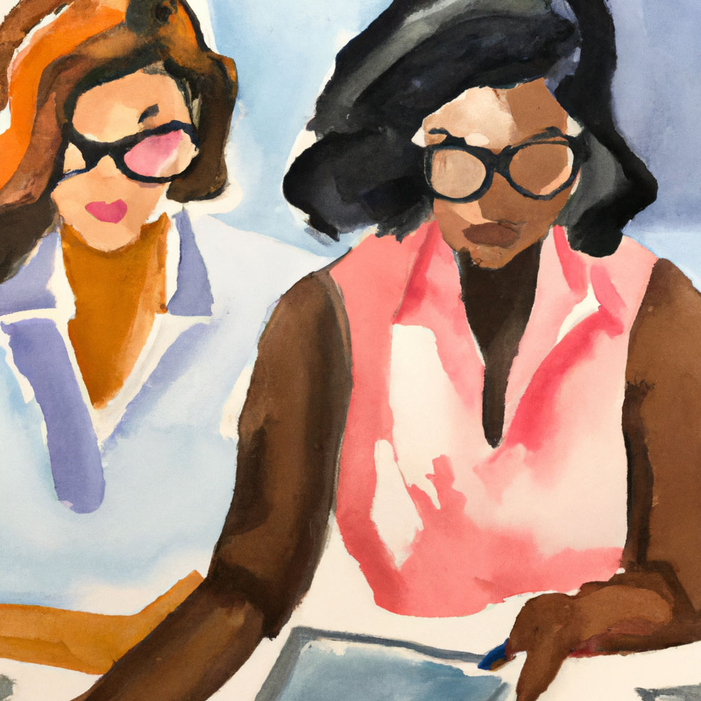 An artistic painting of two ladies working together