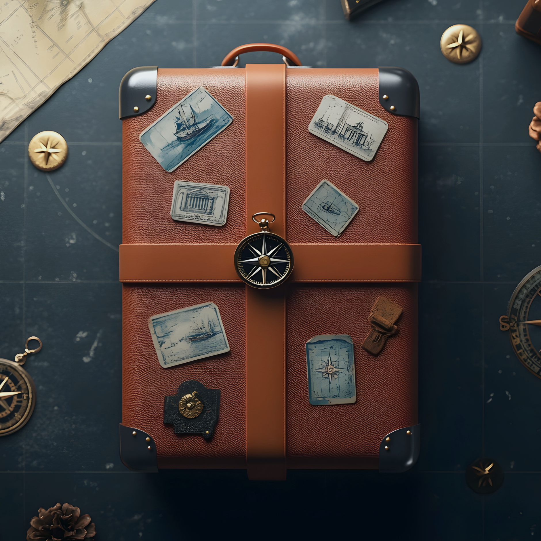 Packed sturdy suitcase with compass