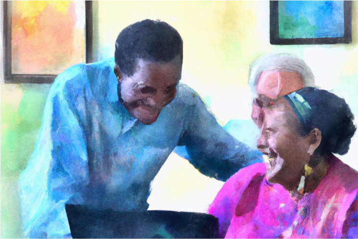 artistic painting of a cheerful, happy elderly family at home
