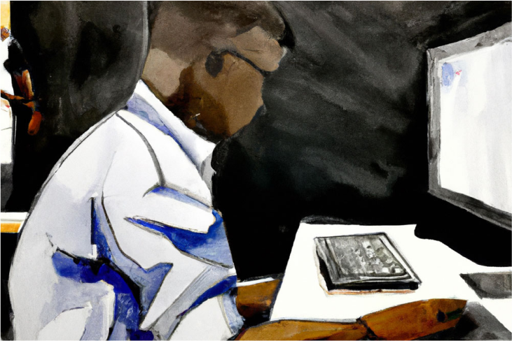 Artistic painting of a professional man working at his desk on the computer