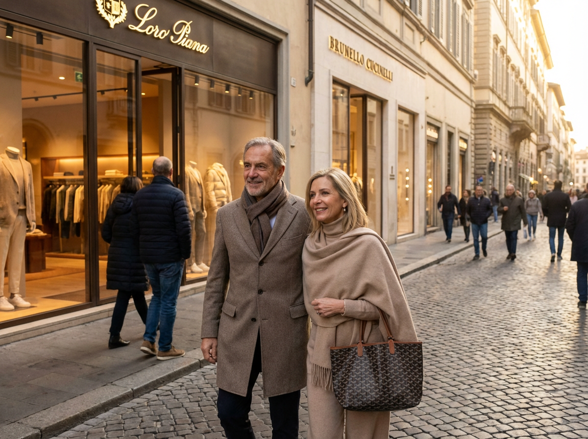 wealthy people. couple walking down a street in front of boutiques and shops