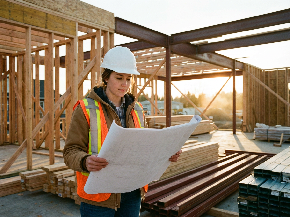 Professional reviewing construction project plans at a job site