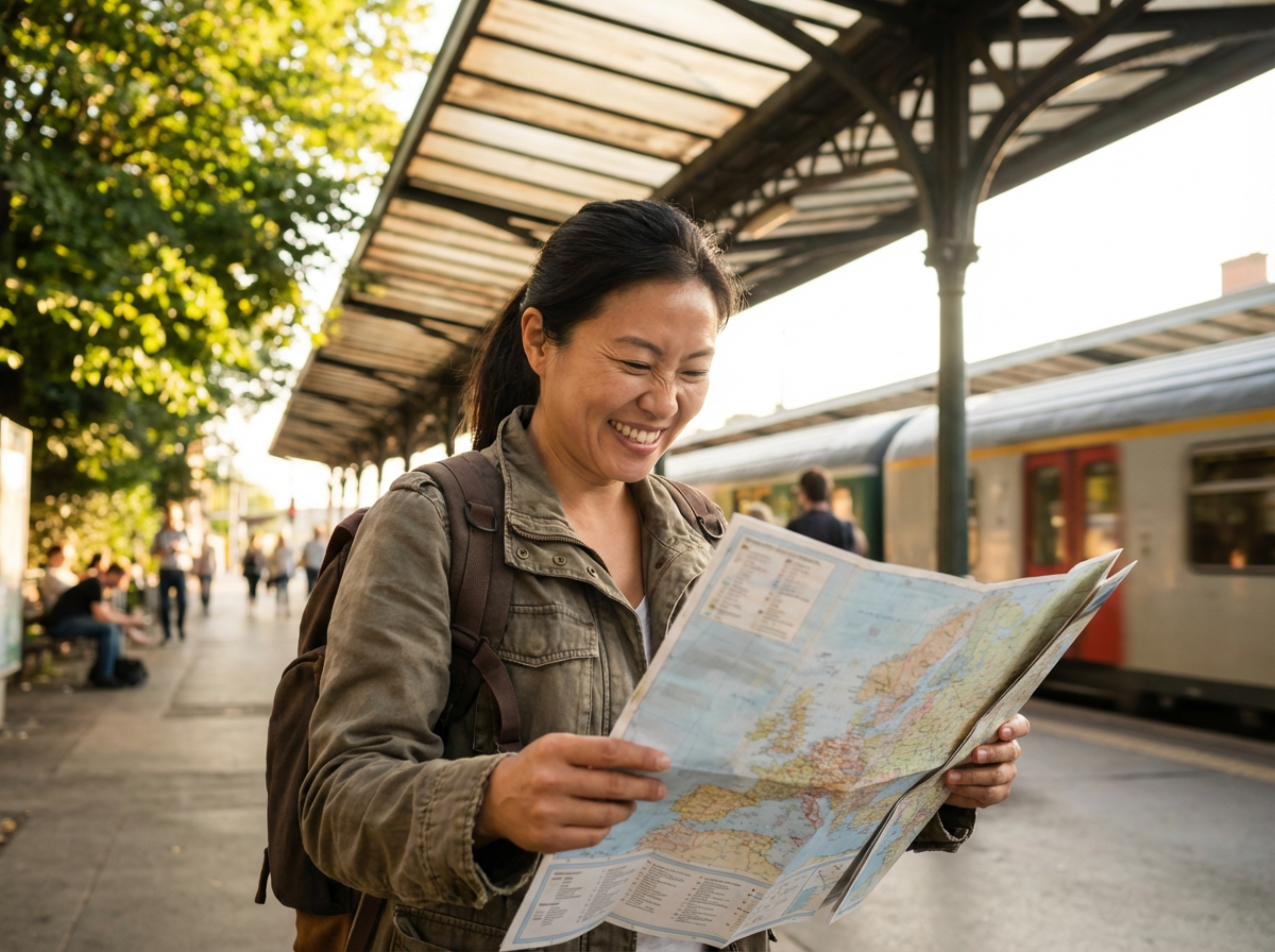 Woman traveling and looking at a map
